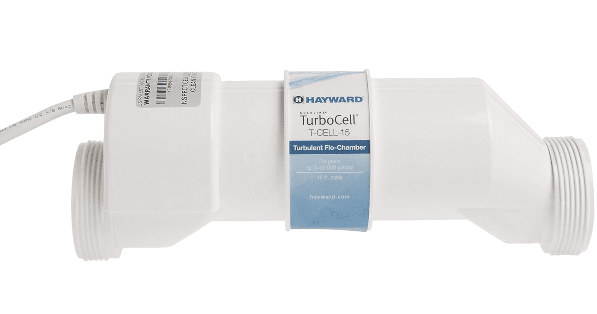 Hayward W3T-CELL-15 TurboCell Salt Chlorination Cell for In-Ground Swimming Pools up to 40,000 Gallons, with cable and labels, viewed from the side.